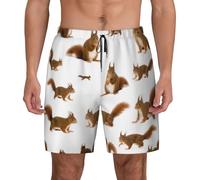 SDEGTHO Cute Squirrel Mens Double Polyester Swimsuit Trunks Swim Shorts with Compression Liner and Patch Pocket. Black