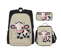 SDEGTHO Cute White Cow Bookbag Set Includes Large Capacity Backpack,Lunch Box And Pencil Case 3 Pieces Bagpack Sets, Black, One Size