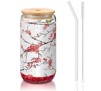 SDEGTHO Delicate Cherry Blossoms Printing Cute Drinking Glasses with Glass Straw 16 Ounce for Beer Iced Coffee Whiskey Gift