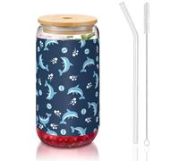 SDEGTHO Dolphin Balls Printing Cute Drinking Glasses with Glass Straw 16 Ounce for Beer Iced Coffee Whiskey Gift