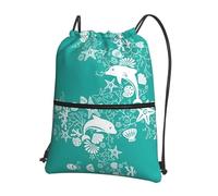 SDEGTHO Dolphins Flowers Sea Starfish Coral Seashell Print Zipper Backpack, Water Resistant Drawstring Bag, Compact Foldable for Sports Yoga Dance