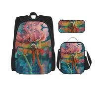 SDEGTHO Dragonfly And Flower Bookbag Set Includes Large Capacity Backpack,Lunch Box And Pencil Case 3 Pieces Bagpack Sets, Black, One Size