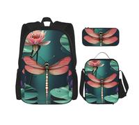 SDEGTHO Dragonfly With Water Lily Bookbag Set Includes Large Capacity Backpack,Lunch Box And Pencil Case 3 Pieces Bagpack Sets, Black, One Size