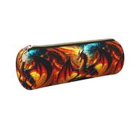 SDEGTHO Fiery Dragon Printed Round Leather Pencil Organizer, Compact Zippered Pouch, Sl esk Accessory Storage