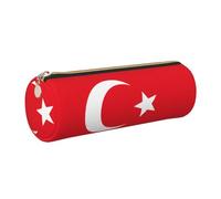 SDEGTHO Flag of Turkey Printed Round Leather Pencil Organizer, Compact Zippered Pouch, Sl esk Accessory Storage