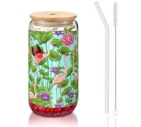 SDEGTHO Flamingo Love Flowers Printing Cute Drinking Glasses with Glass Straw 16 Ounce for Beer Iced Coffee Whiskey Gift