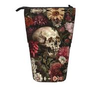 SDEGTHO Floral Skull Standing Pencil Case,Cute Stand Up Pencils Pouch,Telescopic Pen Pouches,Portable Pens Holder, Black, One Size, Fashion