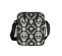 SDEGTHO Flowers Skull Ornamental Pattern Printed Transparent Lunch Bag, Clear PVC Crossbody Bag with Zipper and Mesh Pockets for Travel