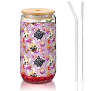 SDEGTHO French Little Bulldog Printing Cute Drinking Glasses with Glass Straw 16 Ounce for Beer Iced Coffee Whiskey Gift