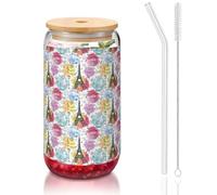 SDEGTHO French Paris Tour Eiffel Tower Printing Cute Drinking Glasses with Glass Straw 16 Ounce for Beer Iced Coffee Whiskey Gift