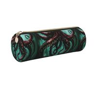 SDEGTHO Gothic Nautical Octopus Printed Round Leather Pencil Organizer, Compact Zippered Pouch, Sl esk Accessory Storage