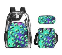 SDEGTHO Green alien Printed See-Through School Bag Bundle, Sturdy Handle 3pc Set, Events Stadium Concerts Approved