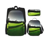 SDEGTHO Green Golf Course Bookbag Set Includes Large Capacity Backpack,Lunch Box And Pencil Case 3 Pieces Bagpack Sets, Black, One Size