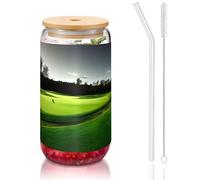SDEGTHO Green Golf Course Printing Glass Cups With Lids And Glass Straw 16oz Drinking Glasses Cups For Coffee,Tea,Soda