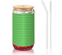 SDEGTHO Green Striped Printing Cute Drinking Glasses with Glass Straw 16 Ounce for Beer Iced Coffee Whiskey Gift