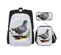 SDEGTHO Grey Pigeon Print Bookbag Set Includes Large Capacity Backpack,Lunch Box And Pencil Case 3 Pieces Bagpack Sets, Black, One Size