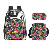 SDEGTHO Hawaiian Colorful Flower Printed See-Through School Bag Bundle, Sturdy Handle 3pc Set, Events Stadium Concerts Approved