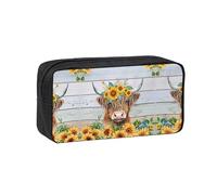 SDEGTHO Highland Cow Sunflower Printed Stationery Case Spacious Pencil Pouch Polyester Zip Organizer for School College Office Days