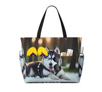 SDEGTHO Husky Dog Large Capacity Foldable Tote Bag Women Beach Tote Bag Handbag Gym Bag Travel Shopping Bag, Black, One Size