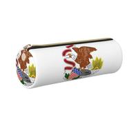 SDEGTHO Illinois State Flag Printed Round Leather Pencil Organizer, Compact Zippered Pouch, Sl esk Accessory Storage