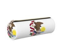 SDEGTHO Illinois State Flag Printed Round Leather Pencil Organizer, Compact Zippered Pouch, Sl esk Accessory Storage