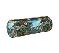 SDEGTHO Jungle Animals Printed Round Leather Pencil Organizer, Compact Zippered Pouch, Sl esk Accessory Storage
