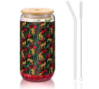 SDEGTHO Leopard and Roses Printing Cute Drinking Glasses with Glass Straw 16 Ounce for Beer Iced Coffee Whiskey Gift