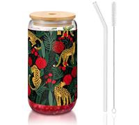 SDEGTHO Leopard and Roses Printing Cute Drinking Glasses with Glass Straw 16 Ounce for Beer Iced Coffee Whiskey Gift