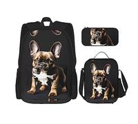 SDEGTHO Long Ears French Bulldog Bookbag Set Includes Large Capacity Backpack,Lunch Box And Pencil Case 3 Pieces Bagpack Sets, Black, One Size