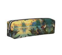 SDEGTHO Mallard On The Lake Printed Leather Zipper Pencil Case for Students, Multi Purpose Pen Pouch for Kids Small Makeup Bag for Pens, Pencils, Markers