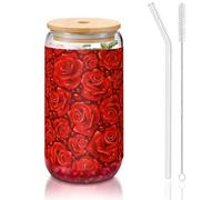 SDEGTHO Many Red Roses Printing Cute Drinking Glasses with Glass Straw 16 Ounce for Beer Iced Coffee Whiskey Gift