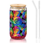 SDEGTHO Multicolored Roses Printing Cute Drinking Glasses with Glass Straw 16 Ounce for Beer Iced Coffee Whiskey Gift