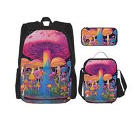 SDEGTHO Mushroom Bookbag Set Includes Large Capacity Backpack,Lunch Box And Pencil Case 3 Pieces Bagpack Sets, Black, One Size