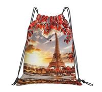 SDEGTHO Paris Eiffel Tower With Autumn Leaves Printed Drawstring Backpack Gym Bag, Lightweight Water-Resistant Sports Backpack For Men Women, Yoga, Running, Workout