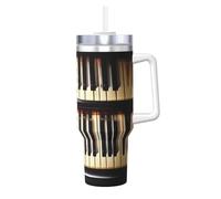 SDEGTHO Piano Keys With Musical Notes 40 Oz Ice Bully With Handle And Straw Made Of Stainless Steel, Double Wall Insulated With Lid