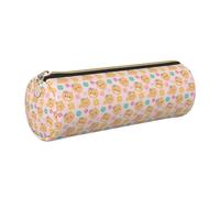 SDEGTHO Pomeranians Cartoon Flowers Printed Round Leather Pencil Organizer, Compact Zippered Pouch, Sl esk Accessory Storage
