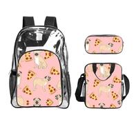 SDEGTHO Pug Pizza Pink Printed See-Through School Bag Bundle, Sturdy Handle 3pc Set, Events Stadium Concerts Approved