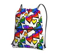 SDEGTHO Rainbow Colored Gay Pride Hearts Print Foldable Backpack, Adjustable Drawstring Water Resistant Bag for Quick Trips and Outings
