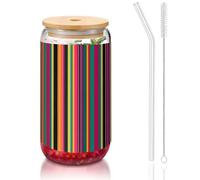 SDEGTHO Rainbow Colored Striped Printing Glass Cups With Lids And Glass Straw 16oz Drinking Glasses Cups For Coffee,Tea,Soda