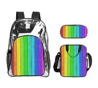SDEGTHO Rainbow Colored Wood Background Printed See-Through School Bag Bundle, Sturdy Handle 3pc Set, Events Stadium Concerts Approved