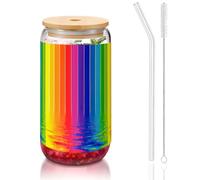 SDEGTHO Rainbow Striped Printing Cute Drinking Glasses with Glass Straw 16 Ounce for Beer Iced Coffee Whiskey Gift