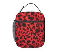 SDEGTHO Red Leopard Pattern Print Insulated Lunch Bag, Portable Cooler Bag, Thermal Lunch Tote with Front Pocket and Side Net