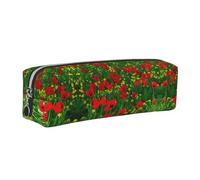 SDEGTHO Red Poppy Field Farm Print Leather Pencil Case for Students, Simple Pen Bag for Boys Girls Small Zipper Pouch for School Supplies, Markers, Makeups, Coins