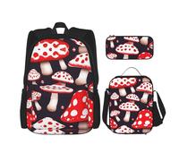 SDEGTHO Red White And Mushroom Bookbag Set Includes Large Capacity Backpack,Lunch Box And Pencil Case 3 Pieces Bagpack Sets, Black, One Size