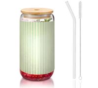 SDEGTHO Retro Striped Printing Cute Drinking Glasses with Glass Straw 16 Ounce for Beer Iced Coffee Whiskey Gift