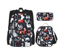 SDEGTHO Scandinavian Animals Bookbag Set Includes Large Capacity Backpack,Lunch Box And Pencil Case 3 Pieces Bagpack Sets, Black, One Size