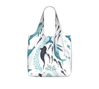 SDEGTHO Sharks, Killer Whales Print Packable Grocery Shopper Reusable Tote 25l Polyester Shoulder Bag Modern Holiday Gift