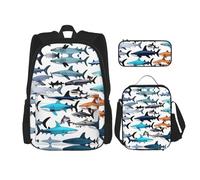 SDEGTHO Sharks Pattern Bookbag Set Includes Large Capacity Backpack,Lunch Box And Pencil Case 3 Pieces Bagpack Sets, Black, One Size