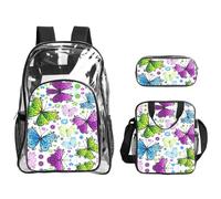 SDEGTHO Spring Colorful Butterfly Printed See-Through School Bag Bundle, Sturdy Handle 3pc Set, Events Stadium Concerts Approved