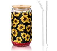 SDEGTHO Spring Sunflowers Retro Flowers Printing Cute Drinking Glasses with Glass Straw 16 Ounce for Beer Iced Coffee Whiskey Gift